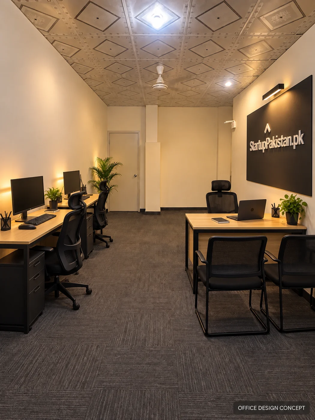 Proposed StartupPakistan office with two staff workstations and a client desk